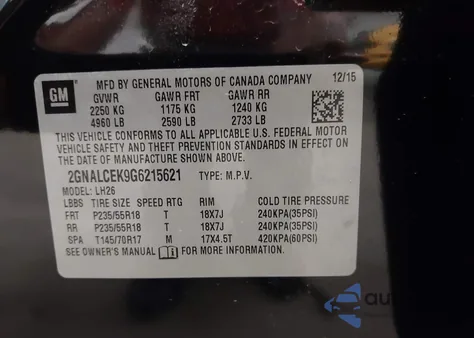 2016 Chevrolet Equinox Lt from USA, damaged, VIN 2GNALCEK9G6215621